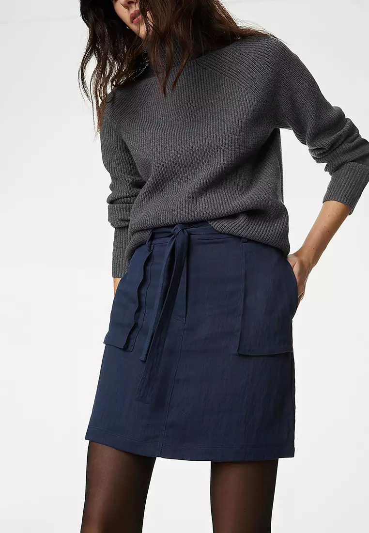 Lyocell Rich Belted Mini A-Line Skirt