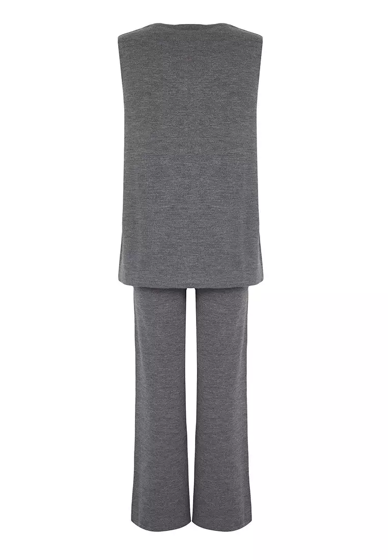 Anthracite Wide Fit Button Detailed Vest Pants Knitwear Top And Bottom Set