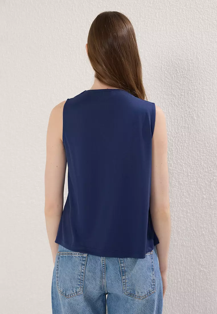 Navy Blue More Sustainable Modal Fluid Fabric Regular Fit Pleated Knitted Blouse TWOSS25BZ00401