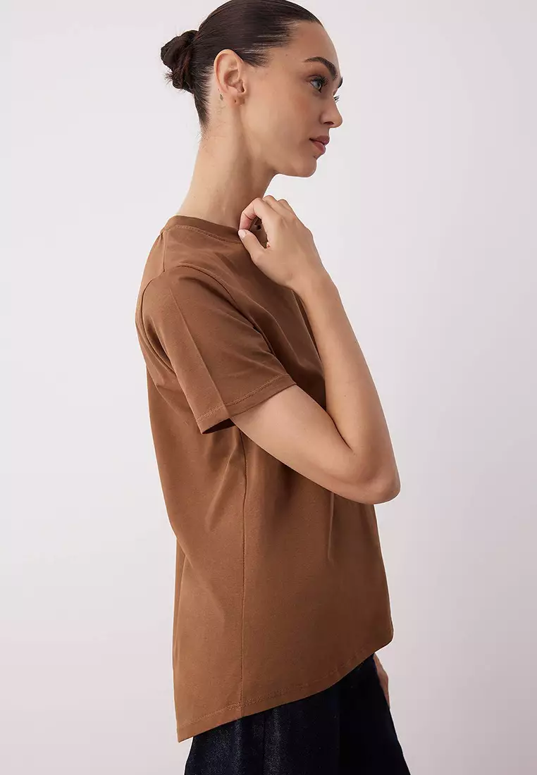 Brown Yellow Asymmetrical Front Back Detail Knitted T Shirt