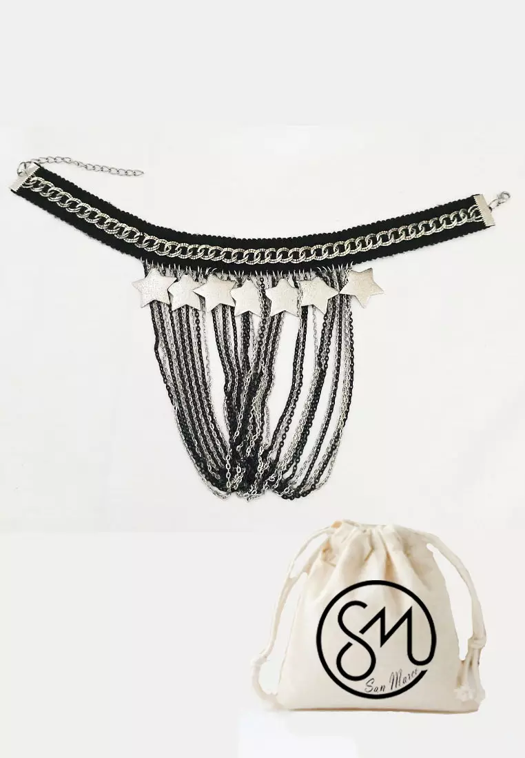 Aksesoris Wanita stars Chains Choker Necklace Kalung Wanita Black & Silver