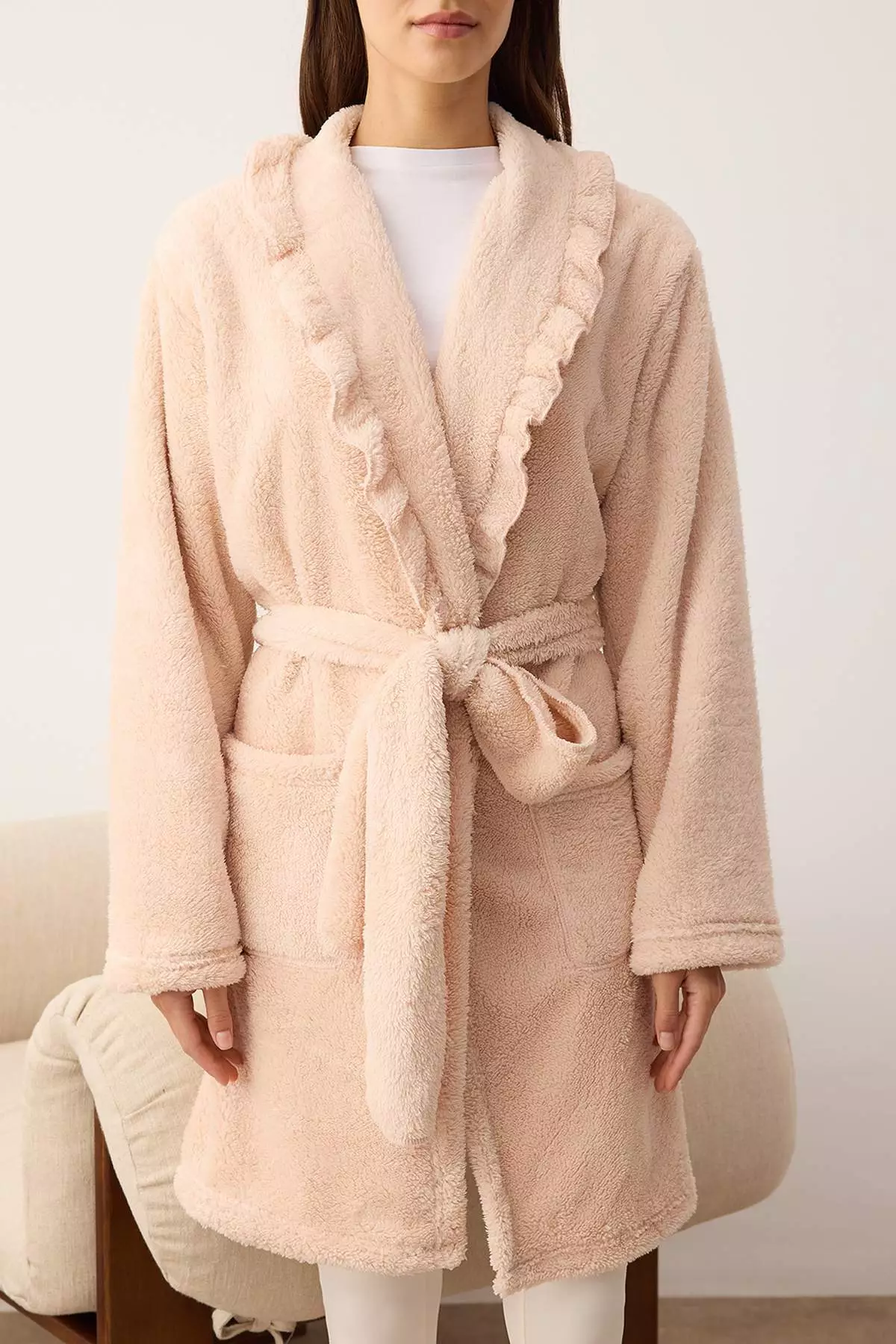 Pink Ruffle Pocket Wellsoft Winter Knitted Dressing Gown