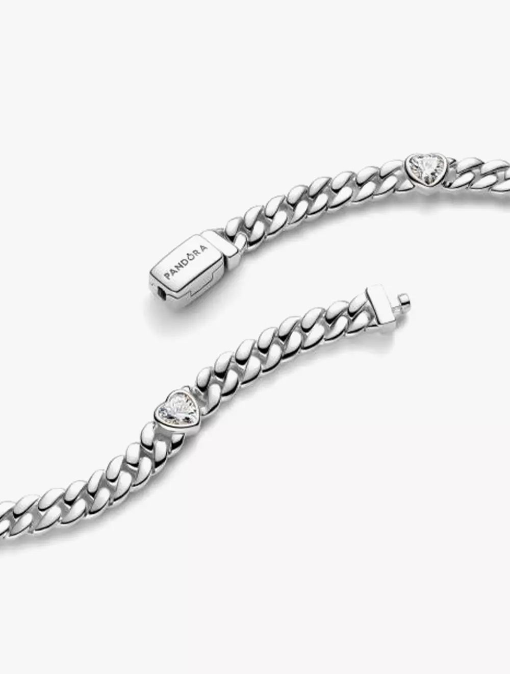 Heart Cuban Chain Sterling Silver Bracelet with Clear Cubic Zirconia - 16