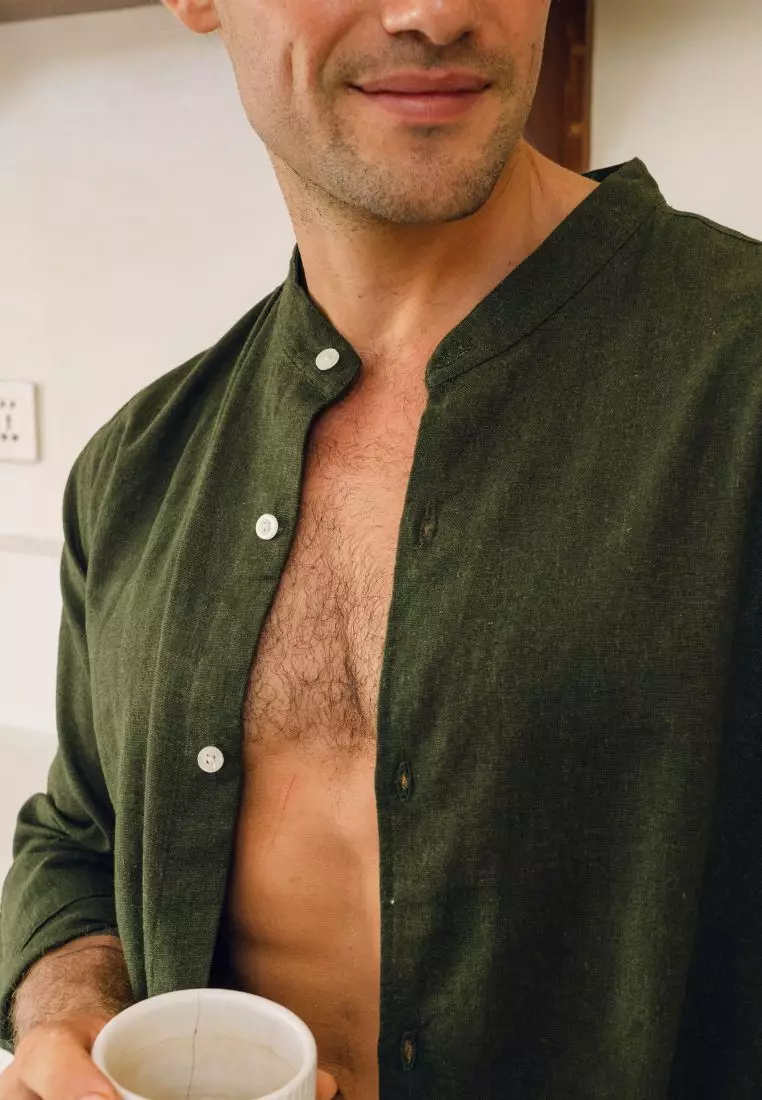 Santiago Kemeja Linen Lengan Panjang Pria Hijau Army | Linen Long Sleeve Shirt Men Army Green