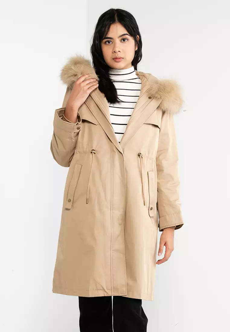 Buy Hopeshow Adjustable Waist Fur Collar Long Parka Online | ZALORA ...