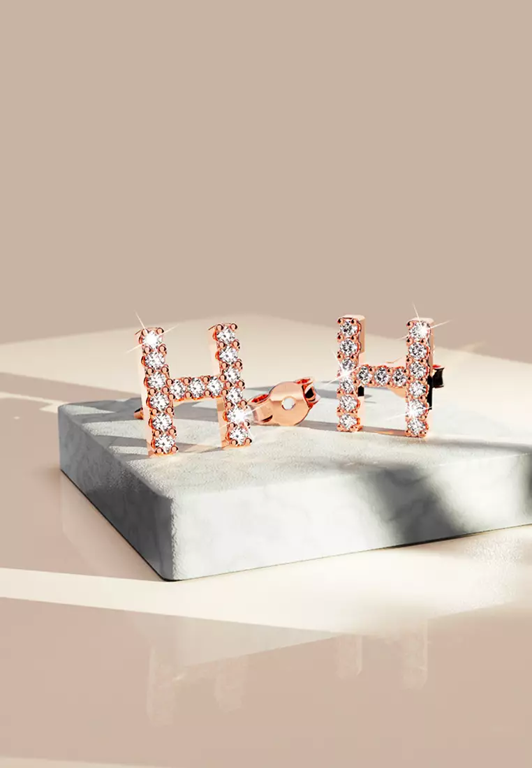Solid 925 Sterling Silver Glamour Alphabet Letter Earrings Rose Gold - H