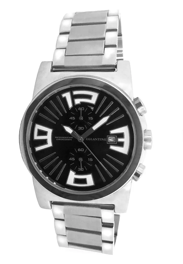EGLANTINE® Maximo Black Dial Steel Chrono Quartz Watch on Steel Bracelet