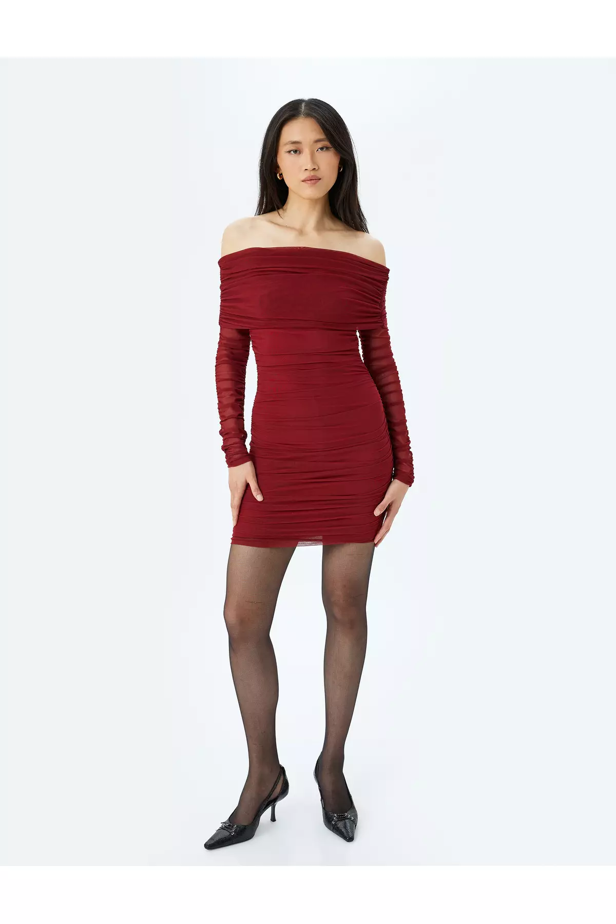 Madonna Collar Off-The-Shoulder Draped Long Sleeve Tulle Bodycon Dress