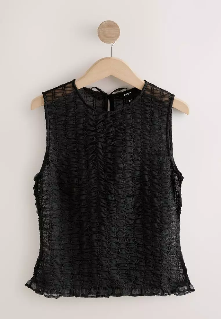 Shirred Mesh Sleeveless Crew Neck Top