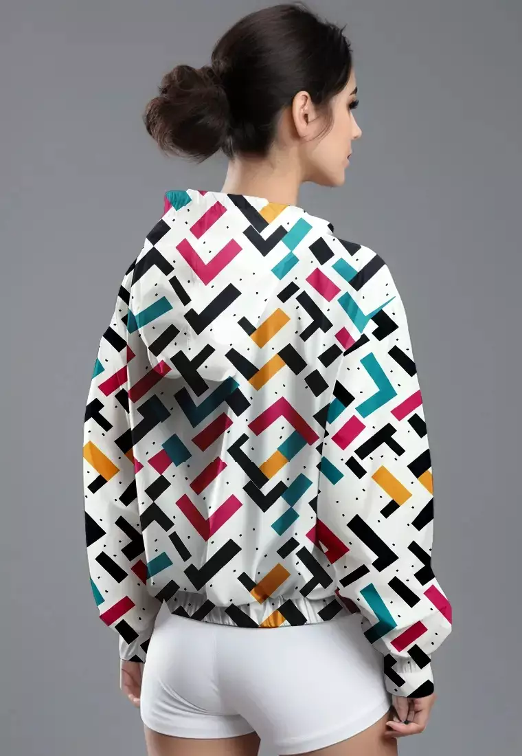 LSC82 CJK Jaket Olahraga Parasut Wanita Waterproof Motif "colorful tetris" warna warni