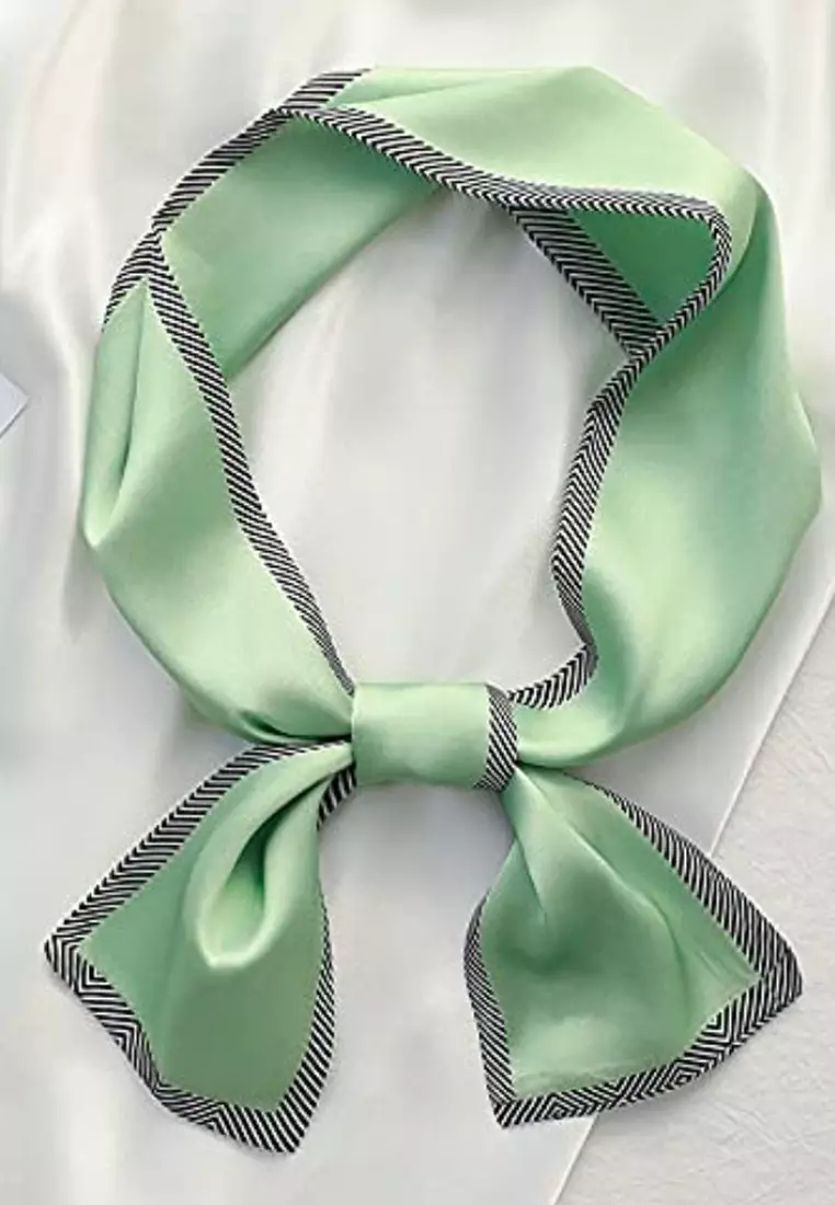 Aksesoris Wanita Plain With Zig Zag Border Twilly Skinny Multi purpose Scarf Leher Green,White & Black