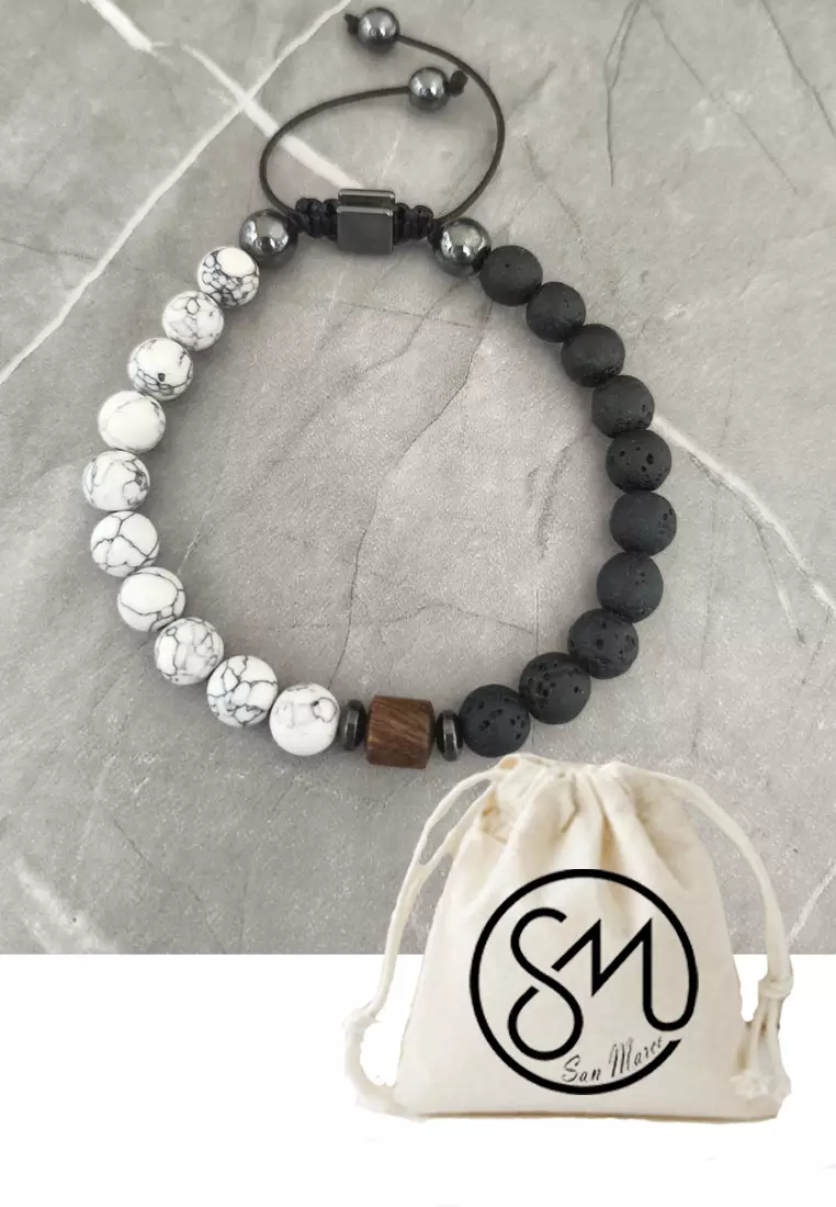 Aksesoris Gelang Pria Macrame Wooden Stump Center Howlite & Lava Stones Bracelet Black & White