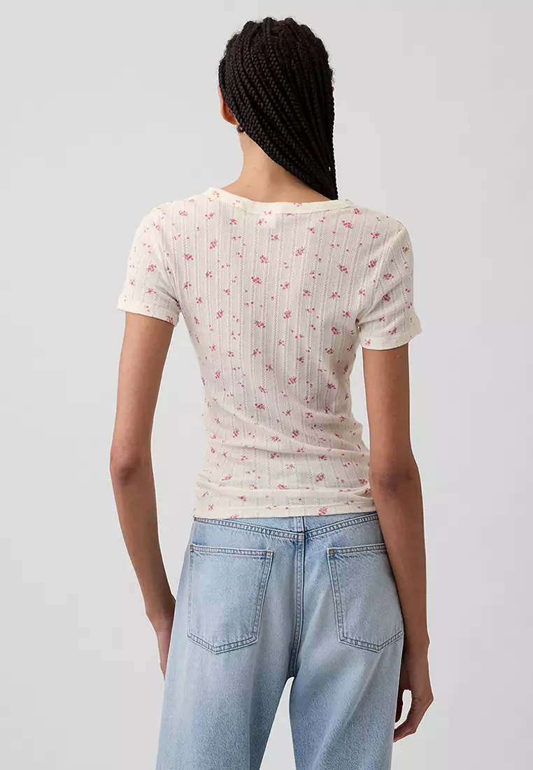 Short Sleeves Rib Printed Pointelle Top