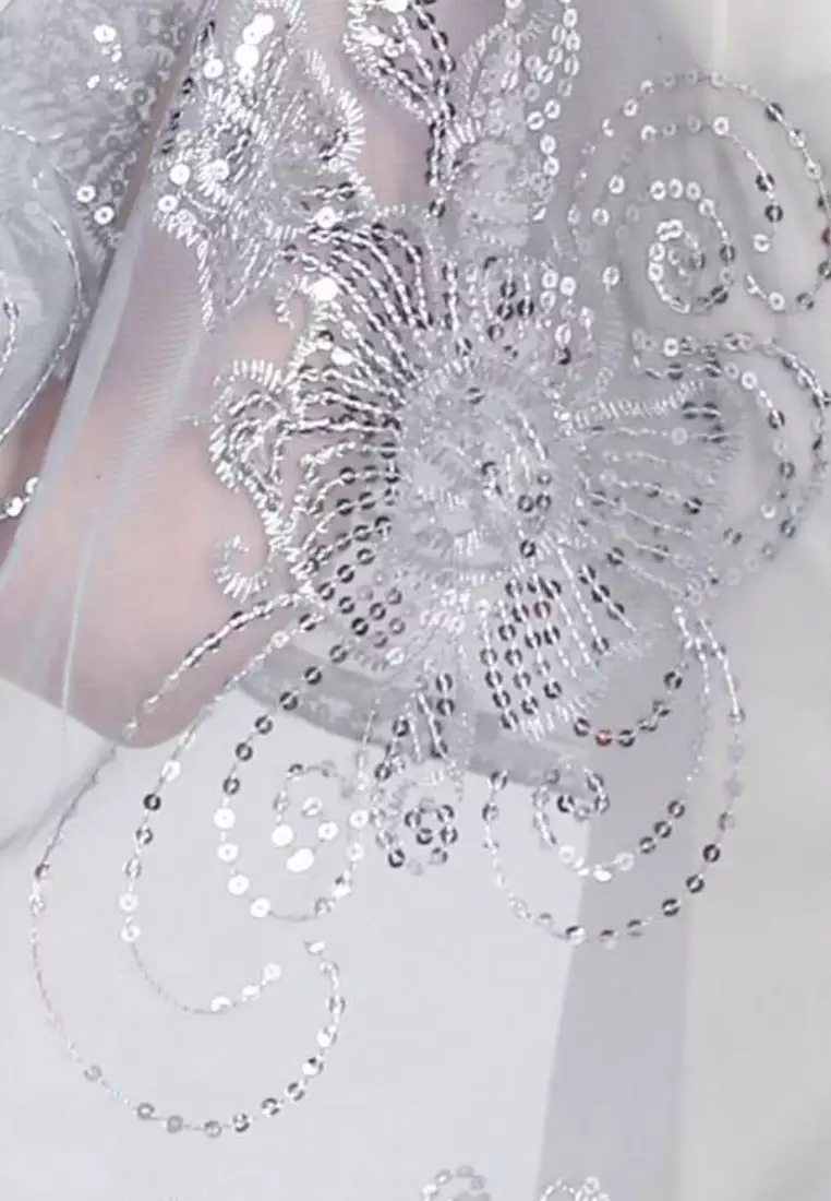 Aksesoris Wanita Sahana Flower Sequinn Lace  Fringed Evening Shawl Syal Pesta Wanita Silver Grey