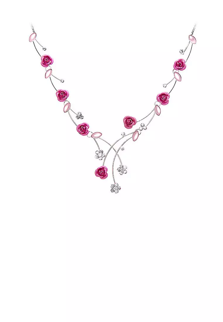 Elegant Rose Necklace with Silver Austrian Element Crystals and Crystal Glass
