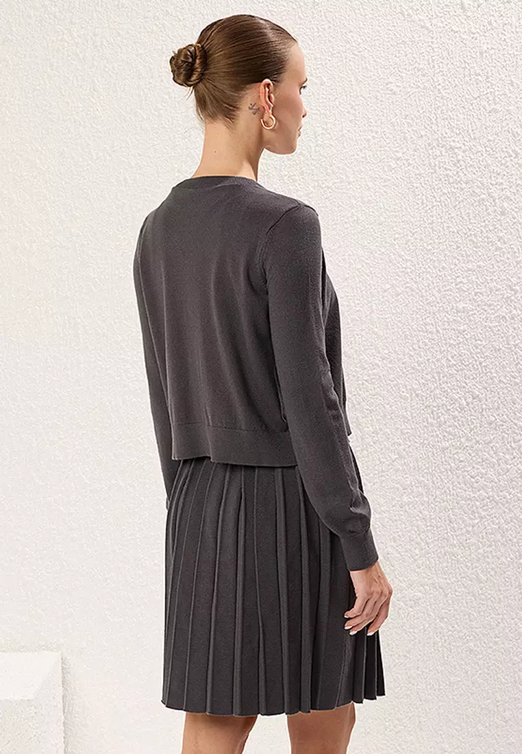 Crew Neck Belted Mini Dress With Cardigan