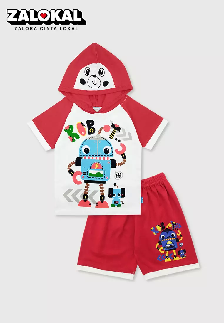 Wakakids Setelan Bayi Laki Laki Usia 6 Bulan Hingga 12 Bulan Baju Hoodie Oblong Lengan Pendek Celana Kaos Motif Robot 3328 Merah