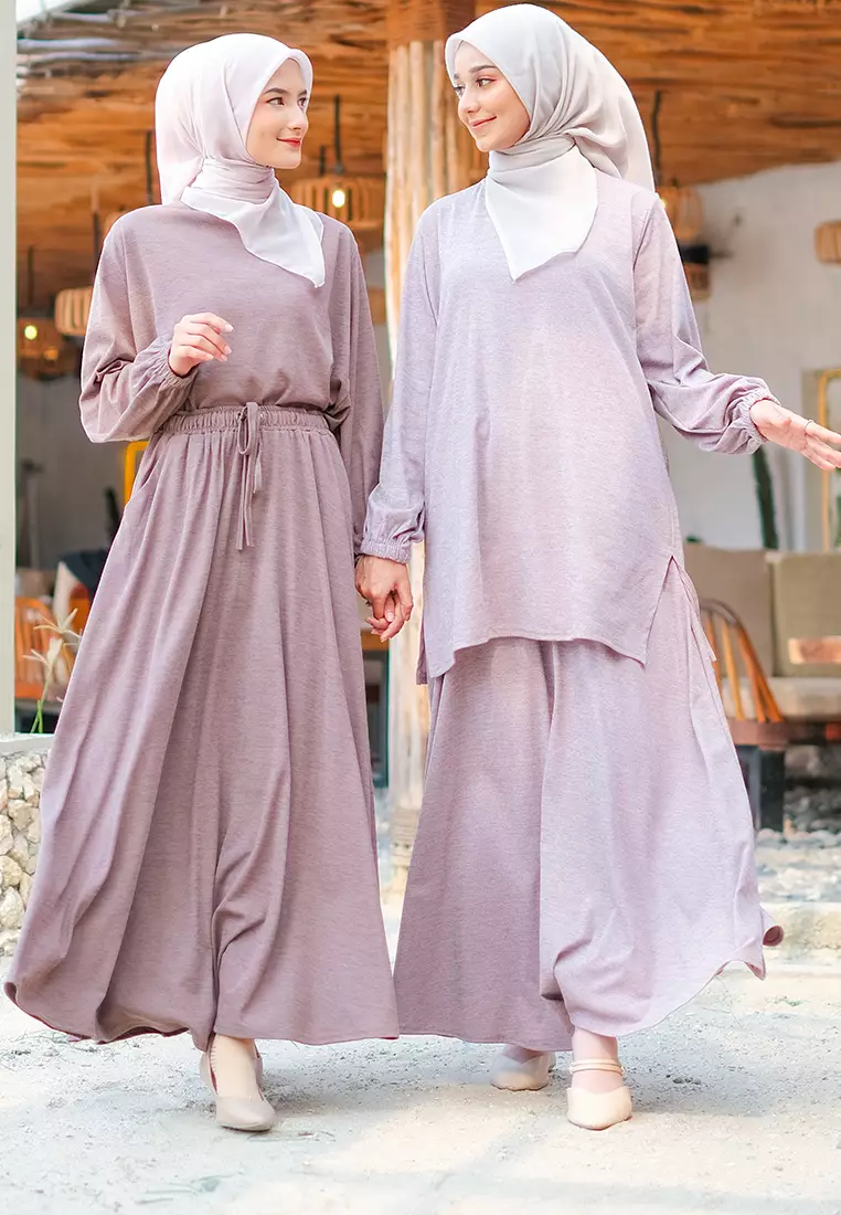 JV Hasanah Set Rok Baju Kurung Corduroy Lilac | Setelan Rok Kaos Jumbo