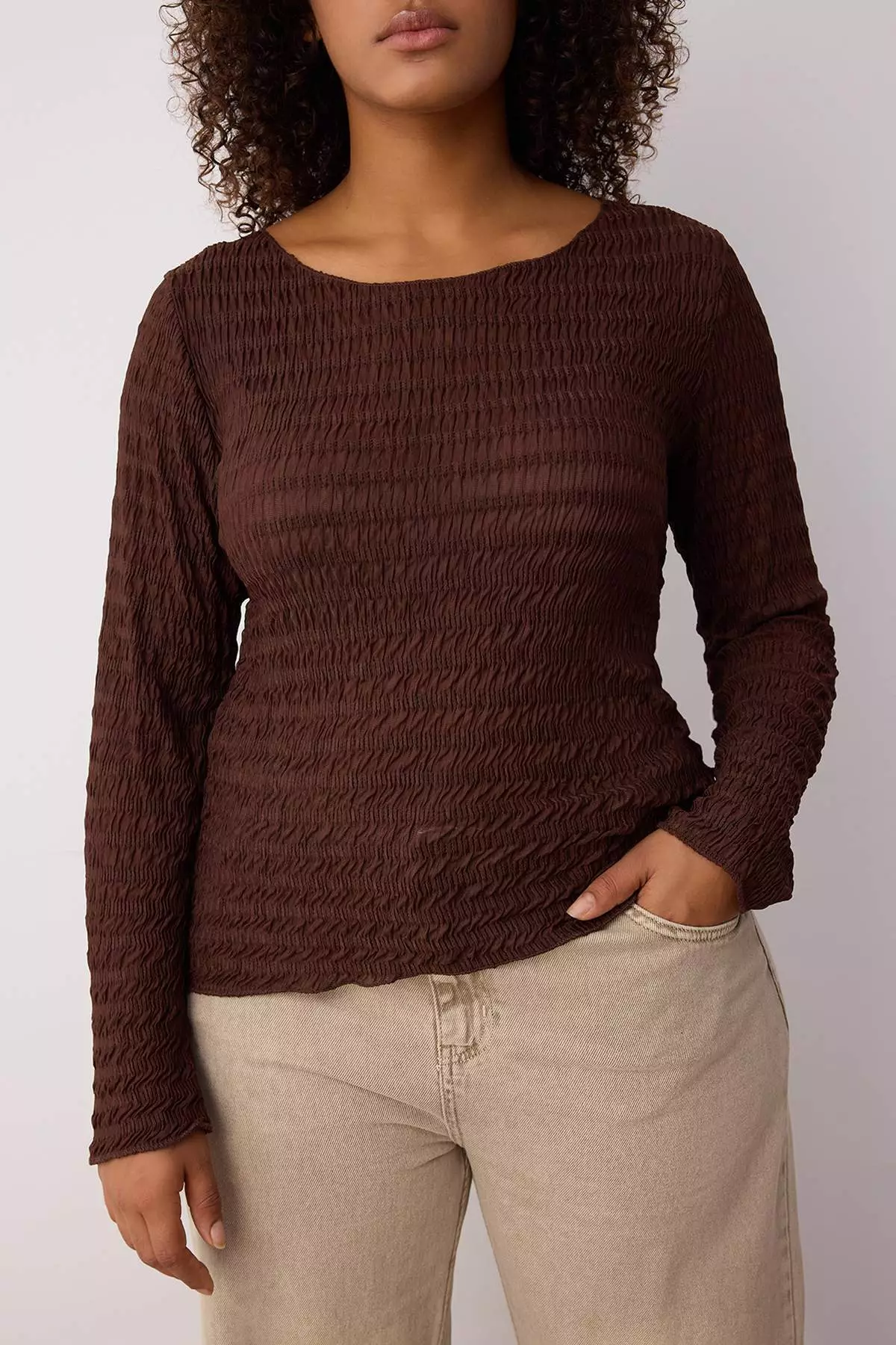 Brown Fitted/Close-Fitting Textured Tulle Stretchy Knitted Plus Size Blouse Tbbaw26Af00030