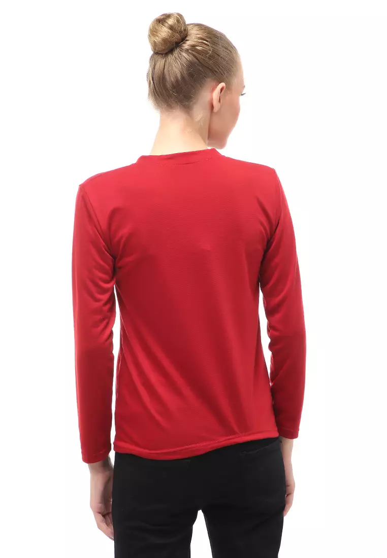 Kaos Atasan Wanita Long Sleeves Detail Motif Abstrak Slip On Style - Maroon