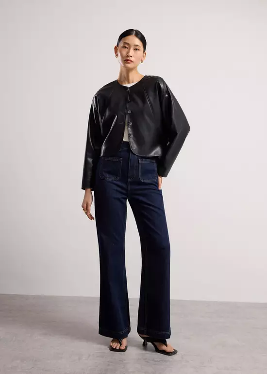 Jaket Wanita - Relaxed Vegan Leather Collarless Button Down Jacket