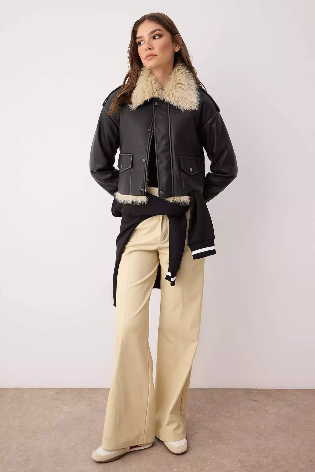 Black Regular Fit Fur Detailed Faux Leather Coat