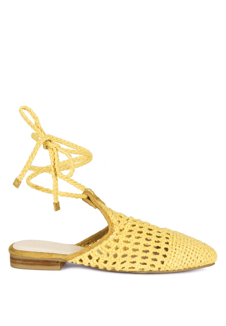 Yellow Handwoven Cotton Tie Up Mule Flats