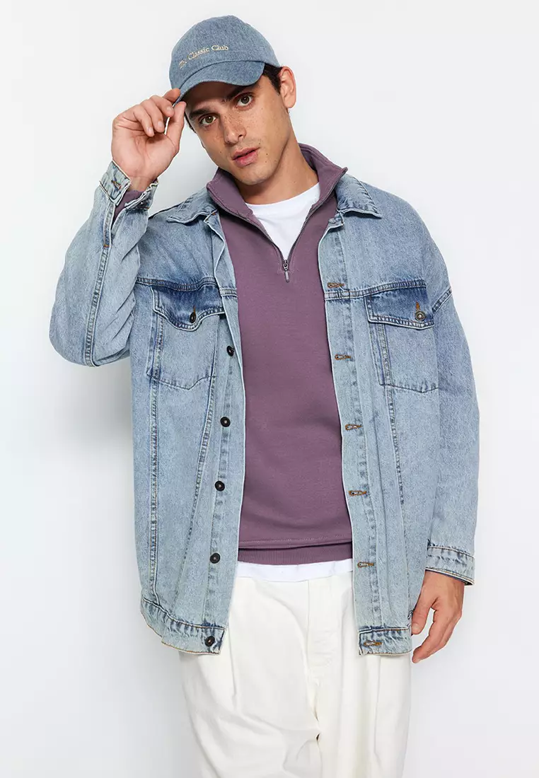 Purple Regular/Normal Cut Stand Collar Zippered Cotton Basic Polar Fleece Sweatshirt TMNAW24SW00041