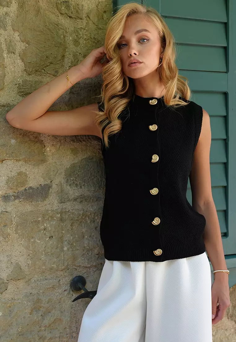 Crew Neck Gold Buttoned Textured Knit Vest
