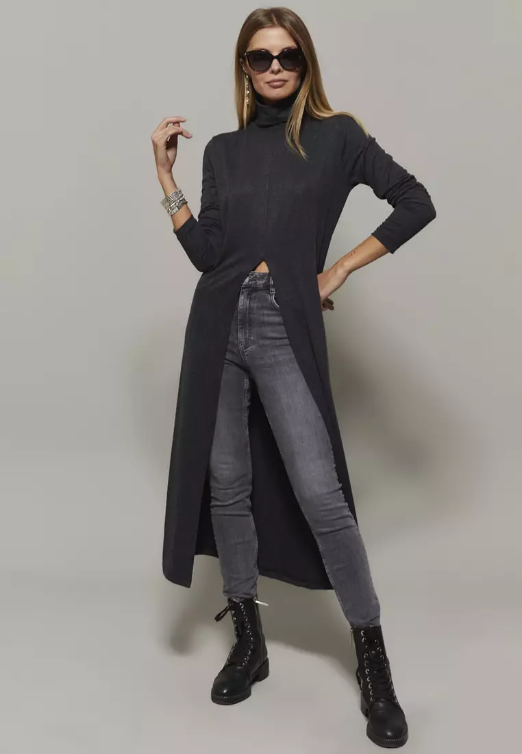 Be Cool Side Slit Mock Neck Long Sleeve Tunic Top