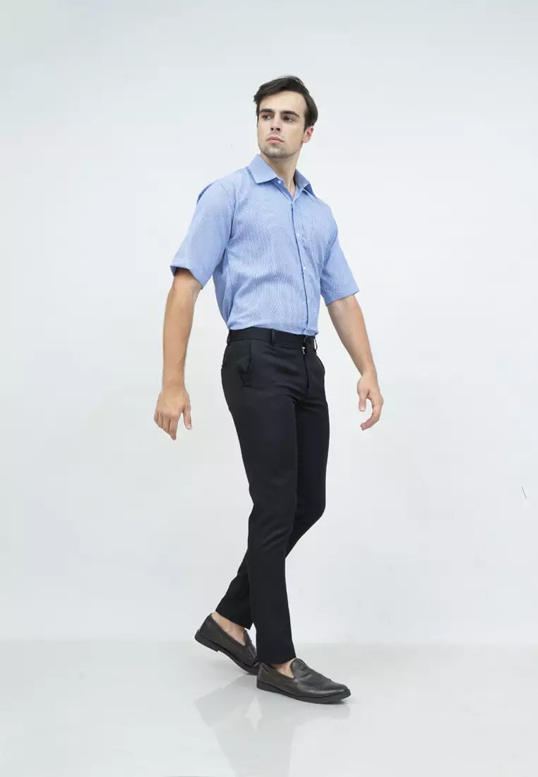 Kemeja slim fit lengan pendek pria kerja Biru Houndstooth houseofcuff