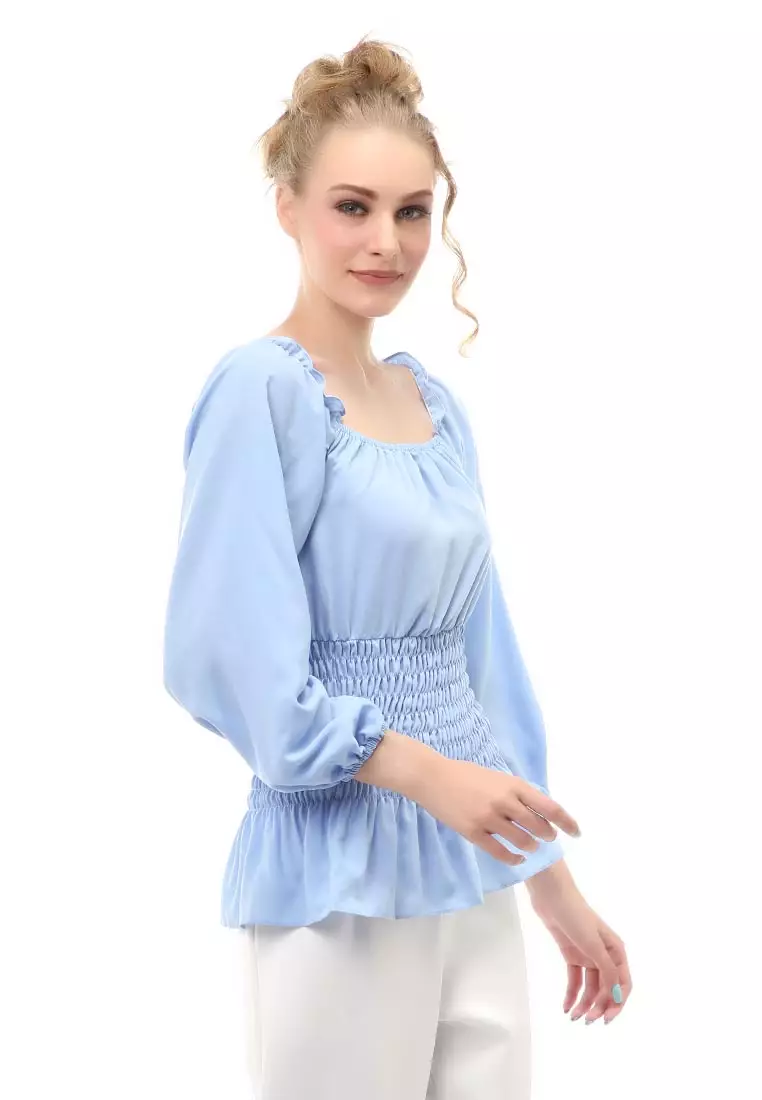 Cheva Blouse Atasan Wanita Sabrina Karet Pinggang Lengan Panjang Casual Shirt Long Sleeve Material Wolfis ORIGINAL - Blue