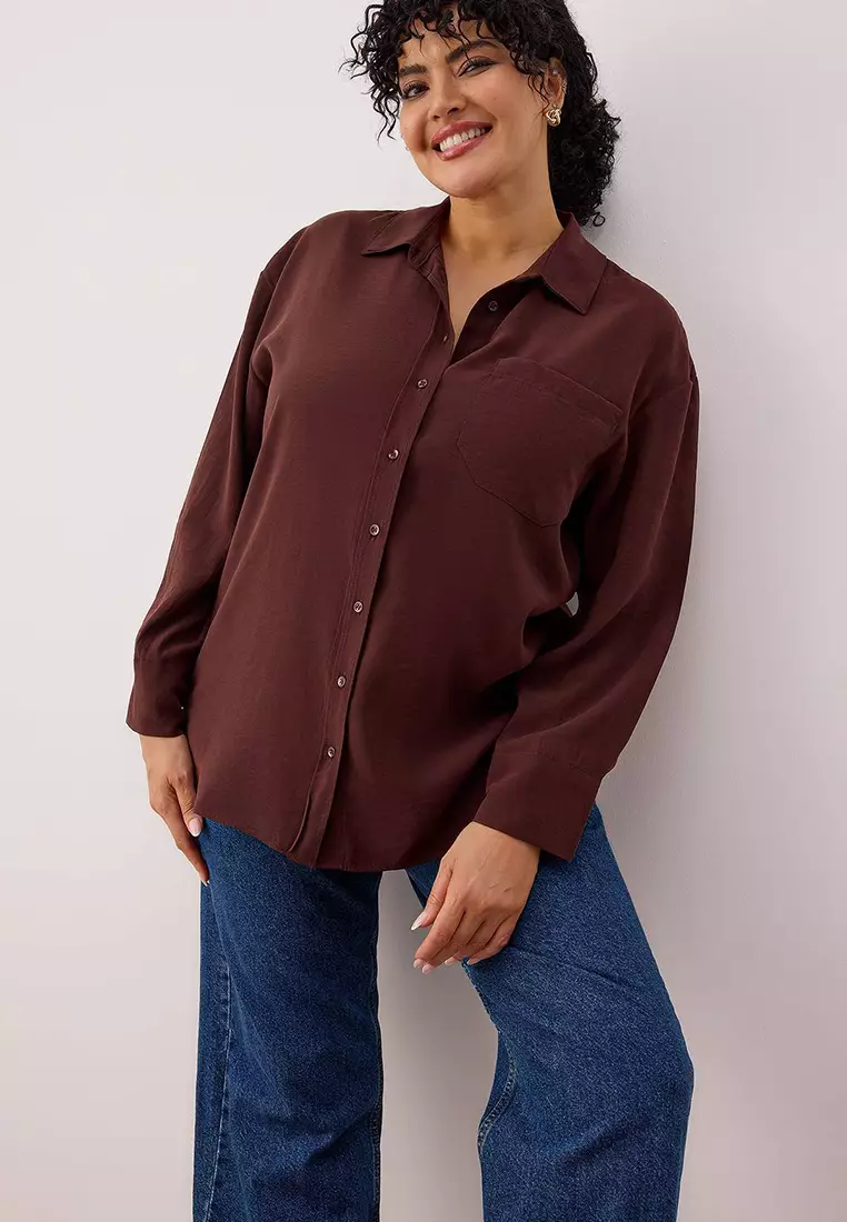 More Sustainable Brown Modal Soft Tuşe Woven Plus Size Shirt Tbbss25Ax00004