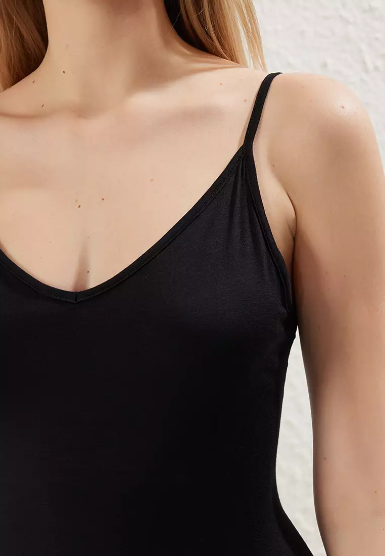 Black Lace Detailed Rope Strap Knitted Nightgown