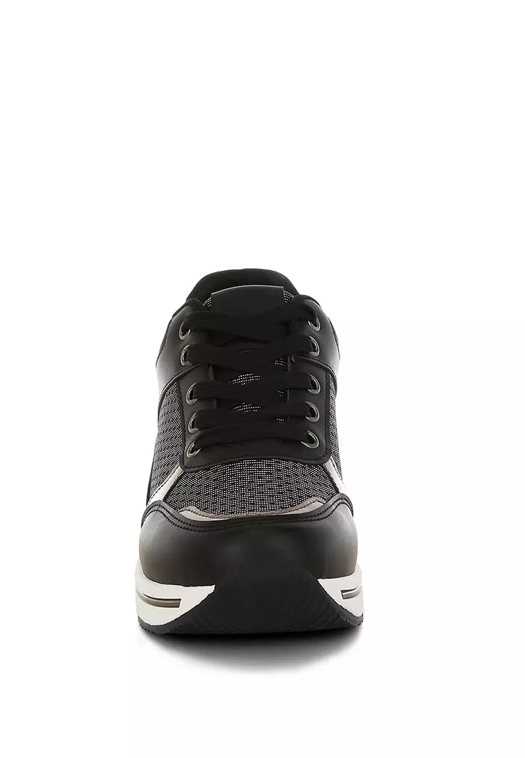 Faux Leather & Mesh Sneakers In Black