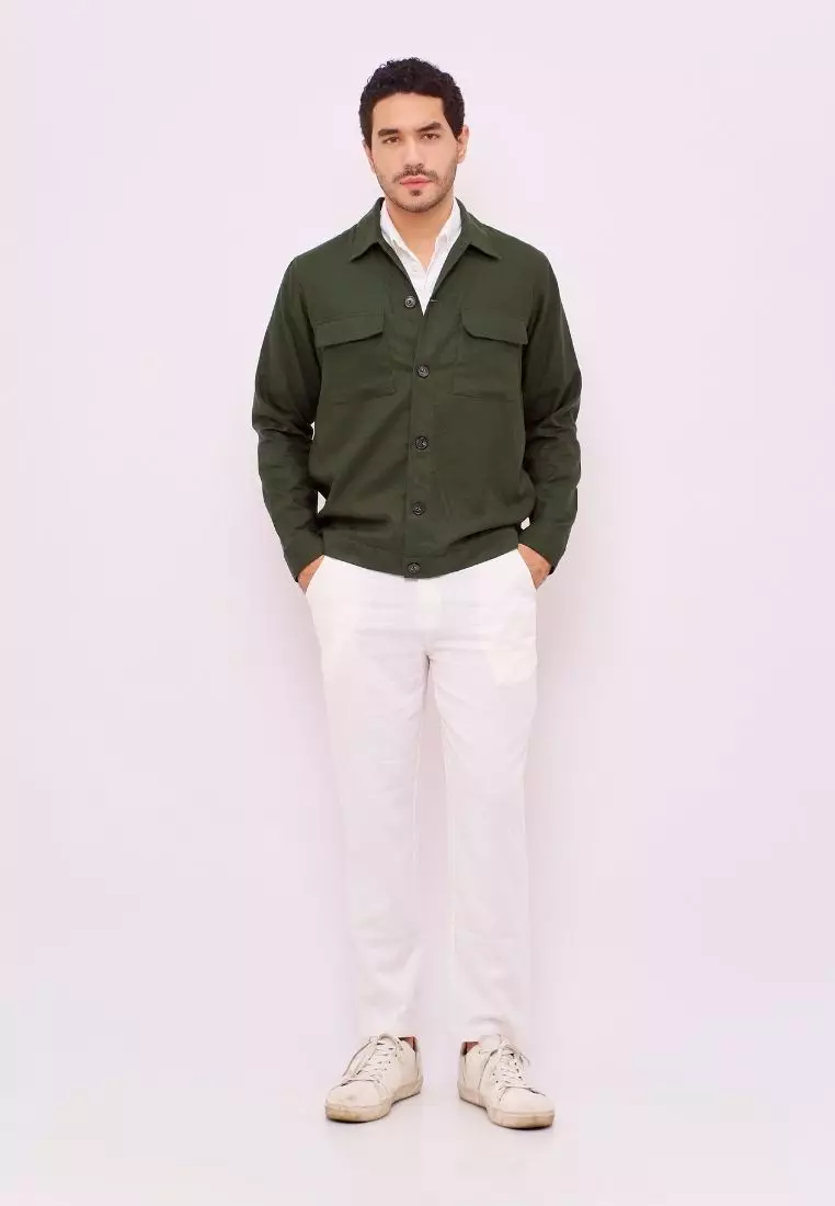 Elbrus Jaket Kemeja Outer Pria Linen Warna Hijau Army | Linen Shirt Jacket Men Army Green