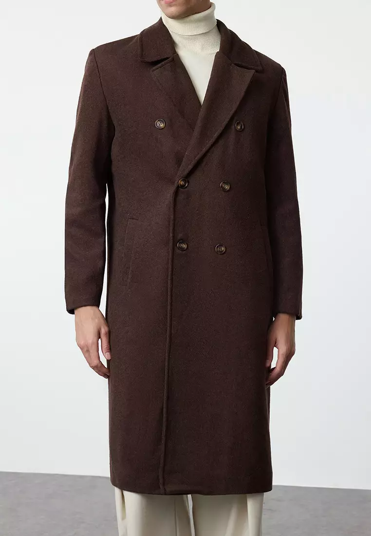Brown Loose Fit Double Breasted Long Stitched Winter Coat TMNAW23KB00003