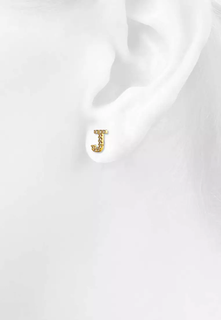 Solid 925 Sterling Silver Glamour Alphabet Letter Earrings Gold - J