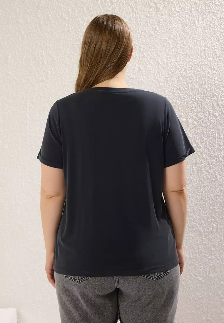 Anthracite Crew Neck Modal Flowy Comfortable Plus Size T-Shirt Tbbss25Bf00054