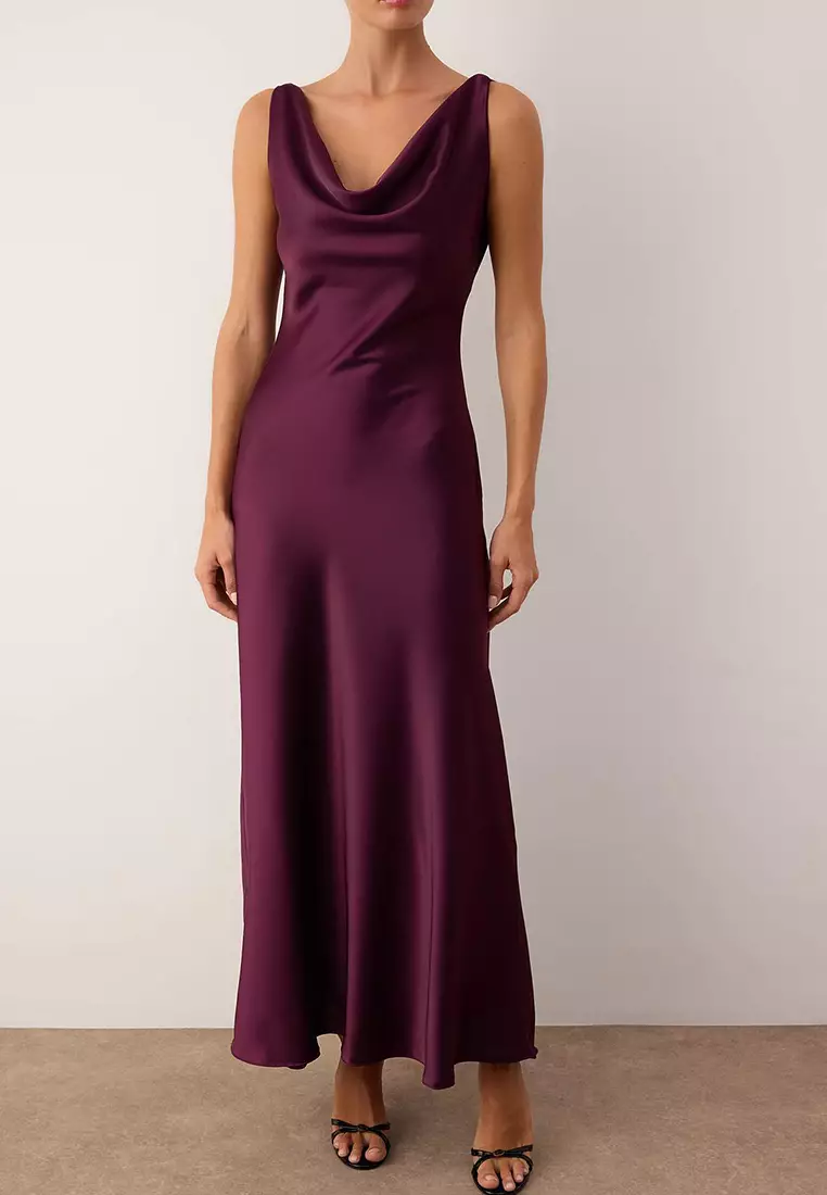 Purple A-Line Degaje Collar Satin Maxi Stylish Dress Tprss25El318