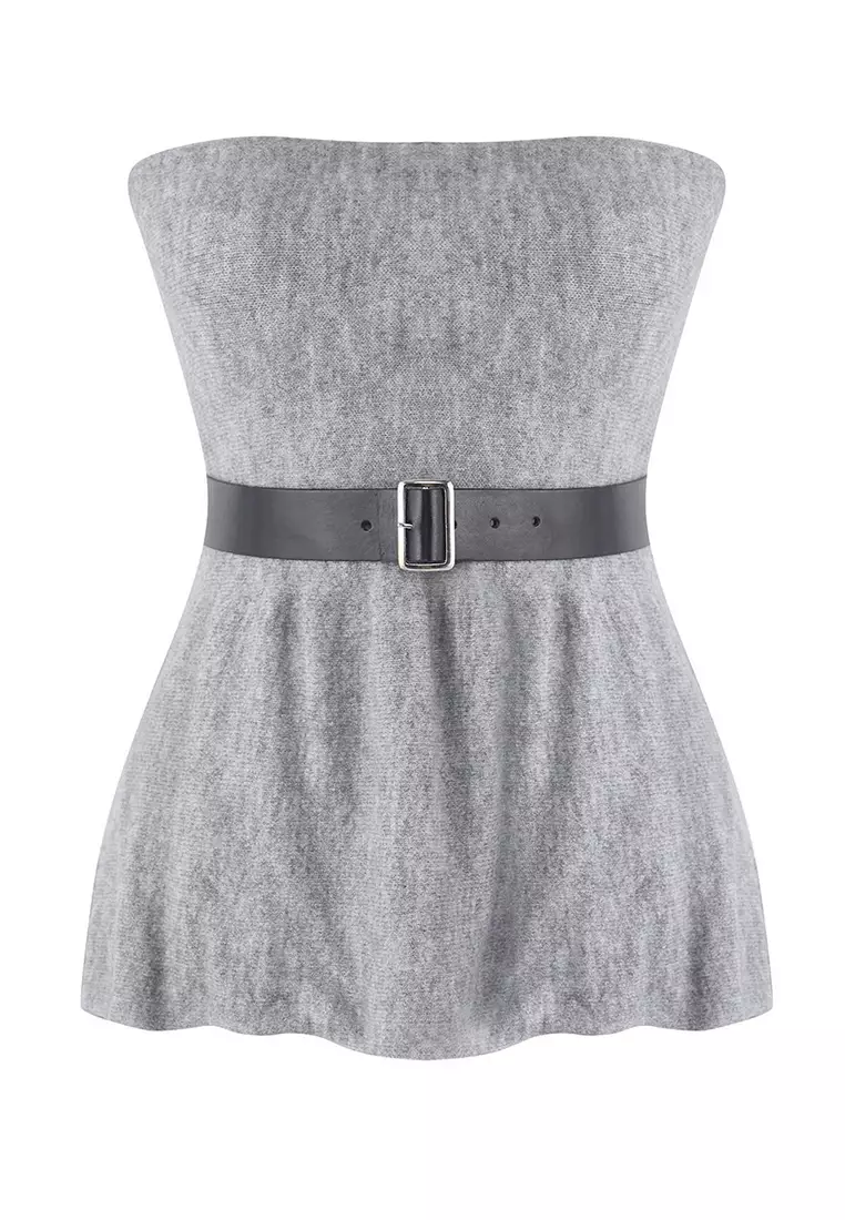Limited Edition Gray Soft Texture Belted Flounce Knit Blouse