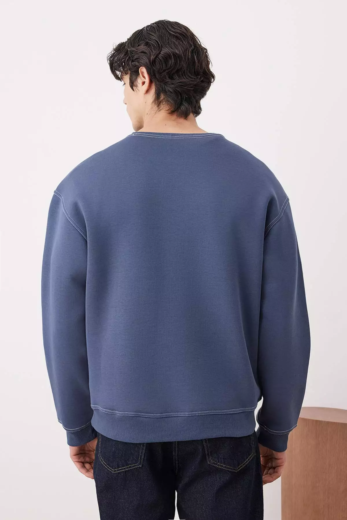 Pale Indigo Oversize/Wide Cut Contrast Stitch Detail Crew Neck Sweatshirt