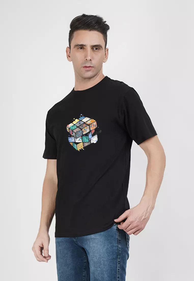 Life Cube 图案黑色纯棉标准版型T恤/短袖T恤，圆领
