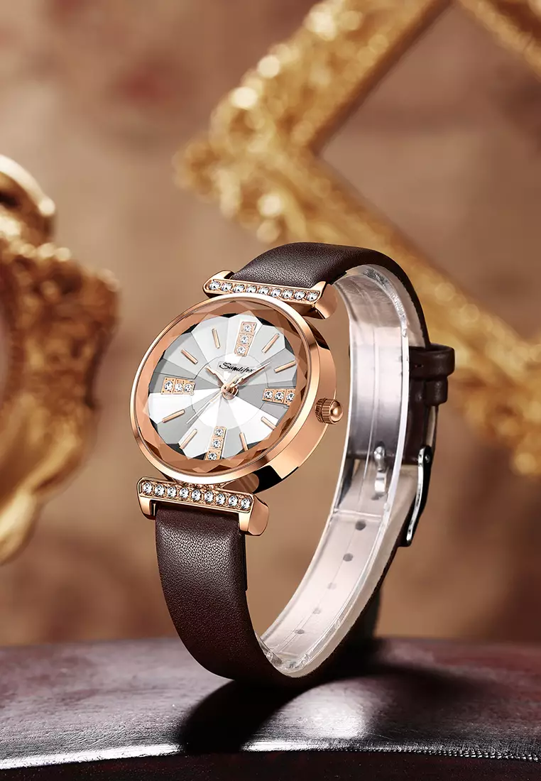 Jam Tangan Wanita Berlian Anggun Gaya Antik Tali Kulit Original Jam Tangan Cewek 8008 brown white