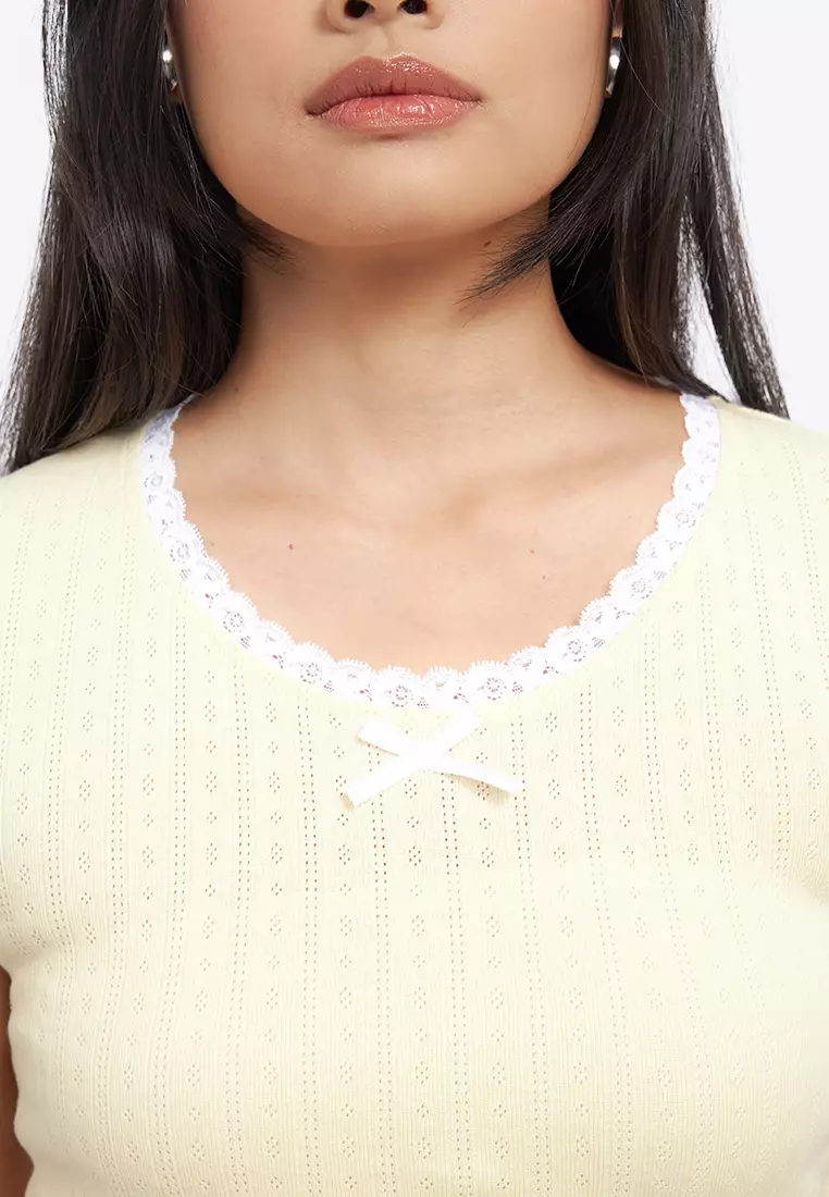 Lace Trim Pointelle Fitted Tee