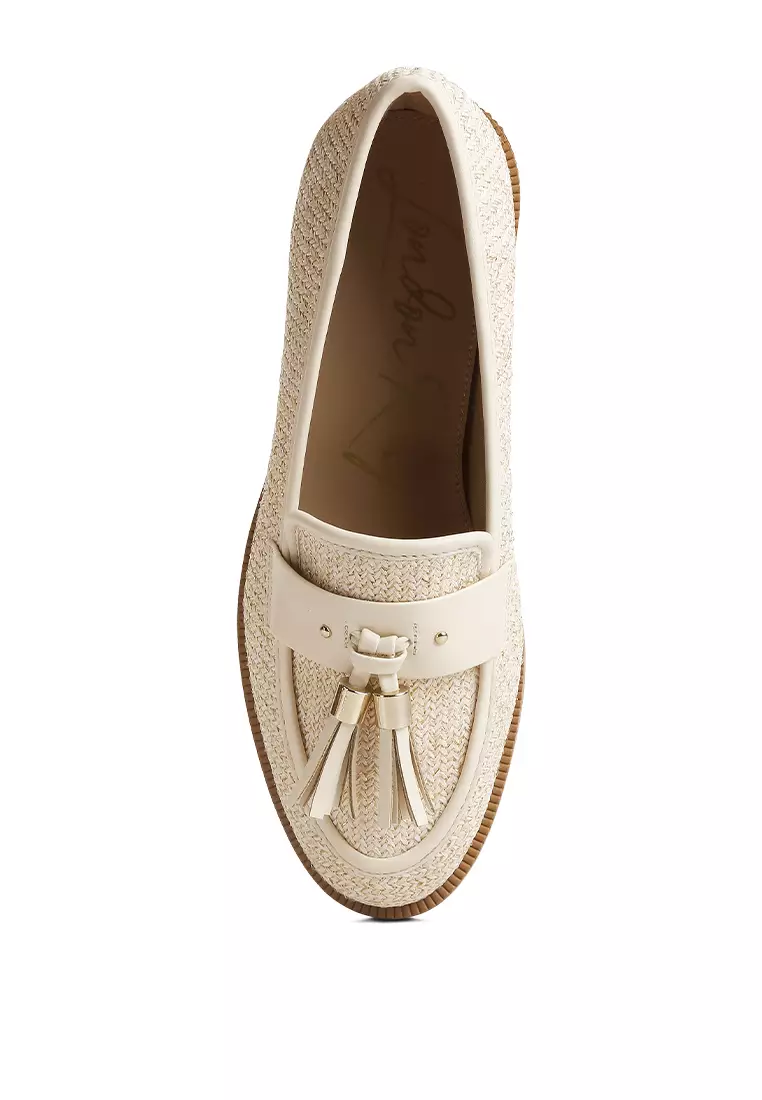 Cream Tassle Detail Rafia Loafers