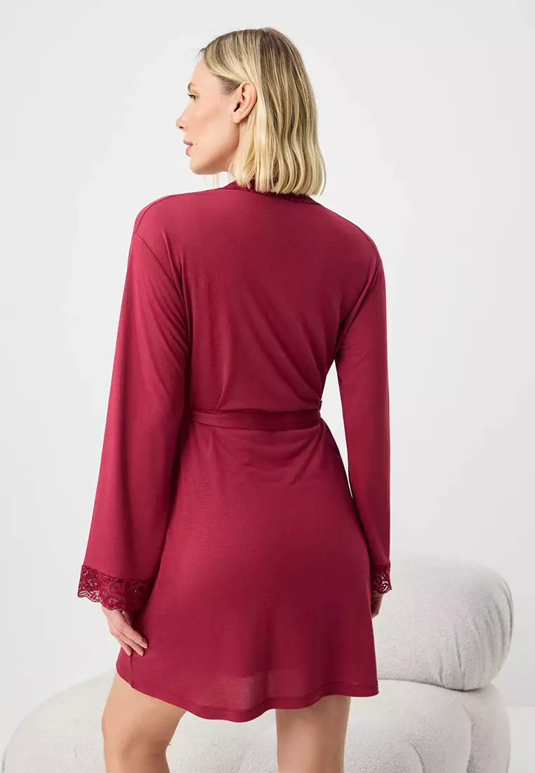 Burgundy 4-Piece Lace Detailed Dressing Gown + Nightgown + Bralet + Shorts Knitted Pajama Set Thmss26Pt93