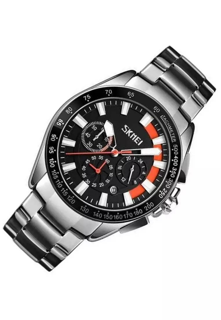 Jam Tangan Analog Pria Strap Stainless Steel Stopwatch Waterproof 30m Minute Second Dial Calendar 0077 ORIGINAL