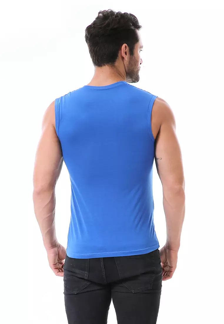 Bobby Atasan Kasual Pria Singlet Motif Never Look Back Sleeveless Tshirt Material Cotton ORIGINAL - Blue