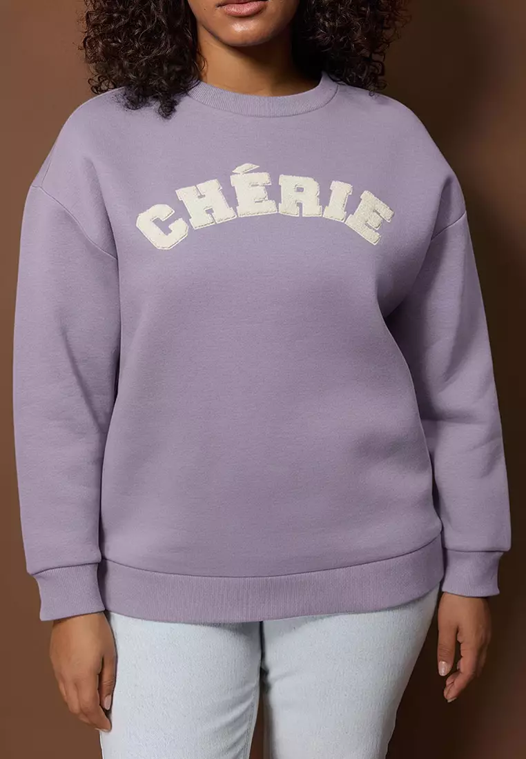Purple Thick Fleece Inside O Oversized Slogan Embroidered Knitted Oversized Sweatshirt Tbbaw26Ao00008